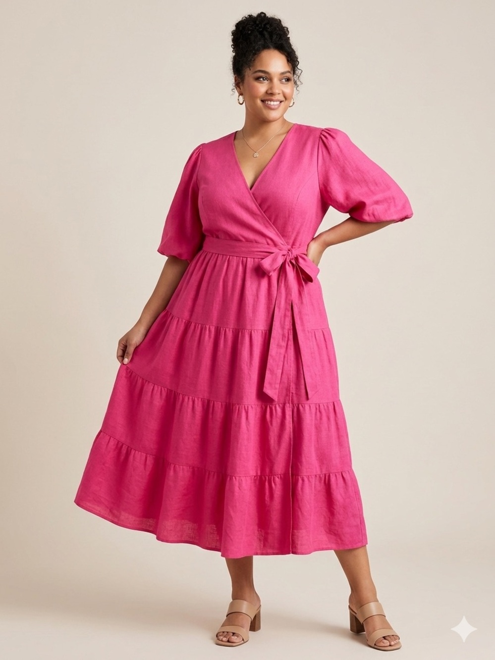 City Chic Hot Pink Wrap Maxi Dress with Puff Sleeves